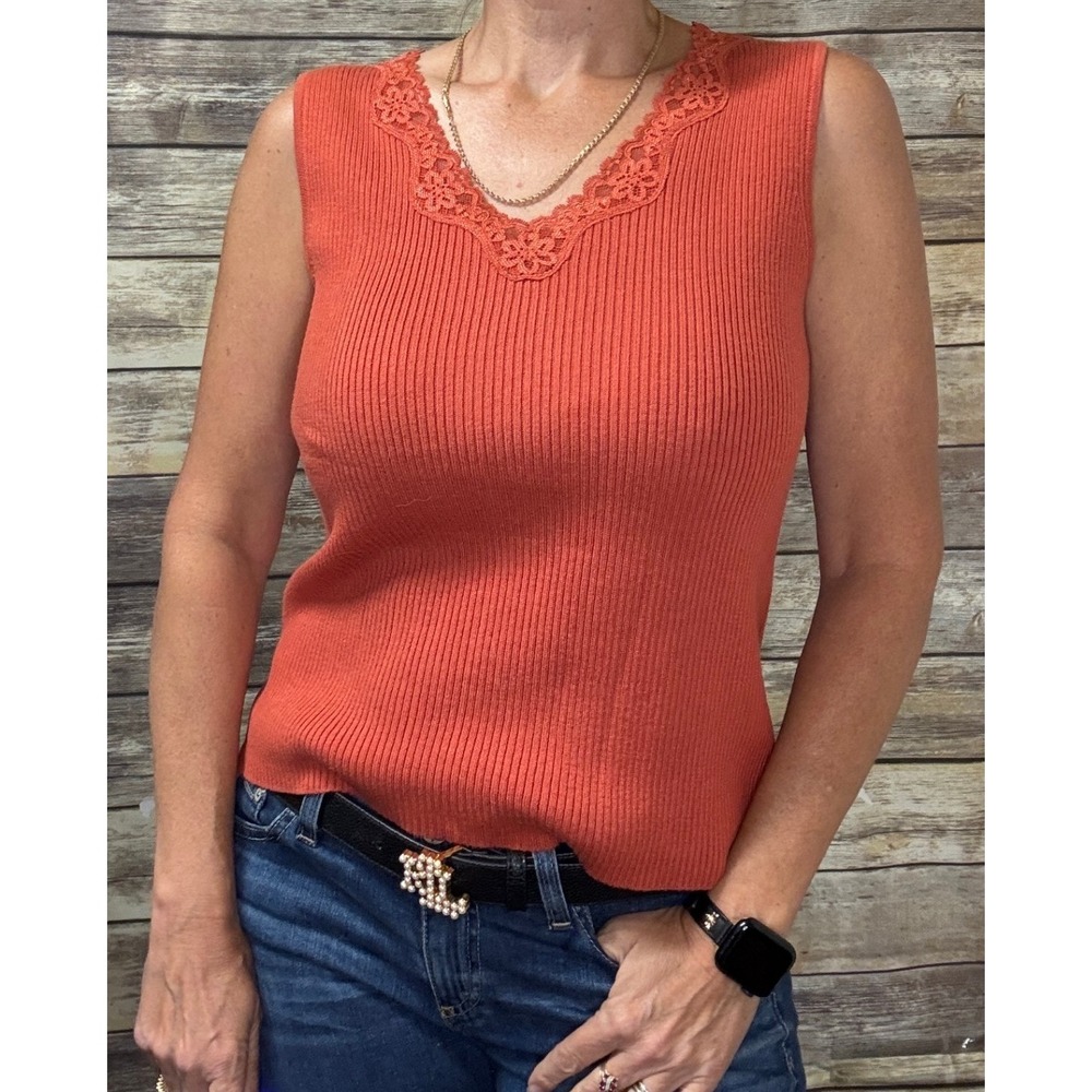 Christopher & Banks Burnt Orange Ribbed Lace Trim V-Neck Sweater Tank Top M